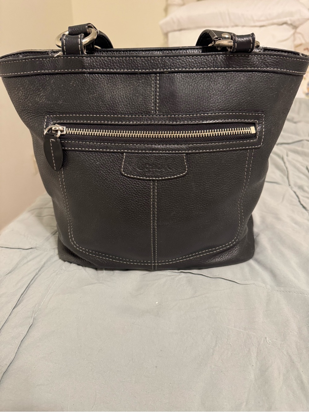 Coach Black Pebble Leather Tote with Front Zip Pocket